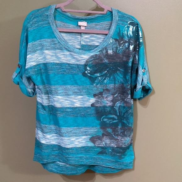 Vanity Teal Striped Floral Burnout Short Roll Cuff Sleeve Top Sz M - Picture 2 of 8